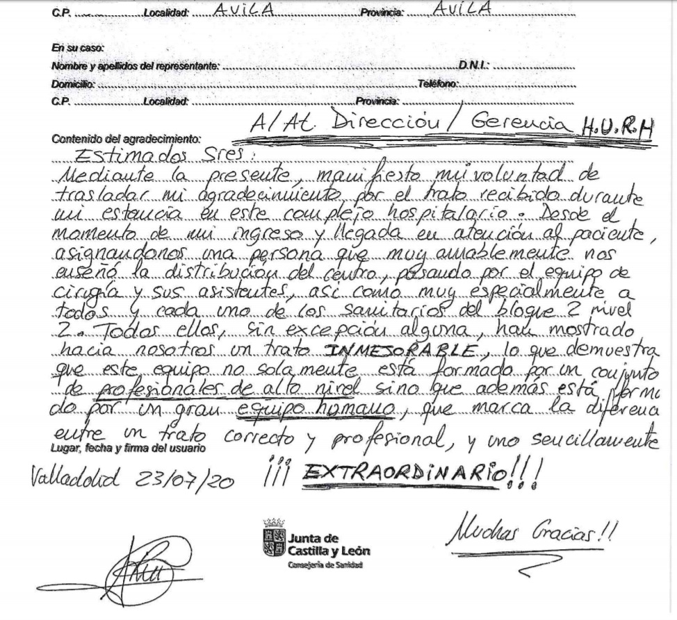 Agradecimiento al Servicio de Cirugía y a la Unidad de Hospitalización